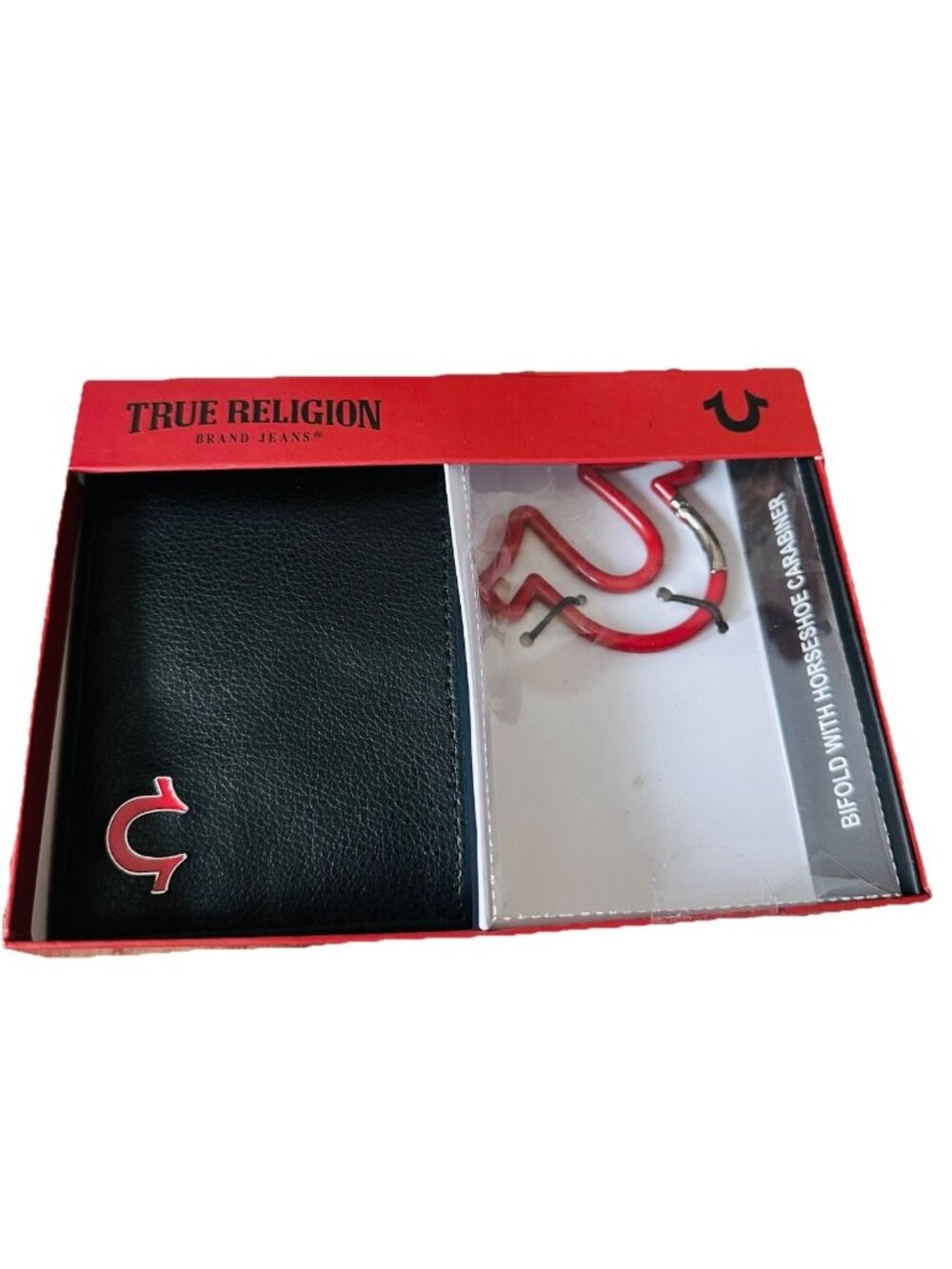 True Religion Mens Bifold Wallet Black Red Leather Horseshoe Carabiner Keychain